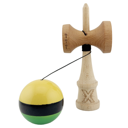 Kendama X Originala, Profesionala, , Big Cups V2, Super Sticky cu Cupe Mari, din lemn 18 cm, Rulment Metalic cu Ata 55 cm, Galben/Negru/Verde [2]