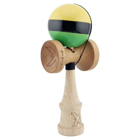 Kendama X Originala, Profesionala, , Big Cups V2, Super Sticky cu Cupe Mari, din lemn 18 cm, Rulment Metalic cu Ata 55 cm, Galben/Negru/Verde [1]
