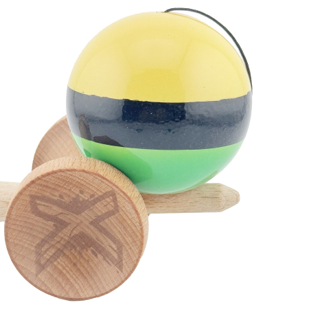 Kendama X Originala, Profesionala, , Big Cups V2, Super Sticky cu Cupe Mari, din lemn 18 cm, Rulment Metalic cu Ata 55 cm, Galben/Negru/Verde [7]