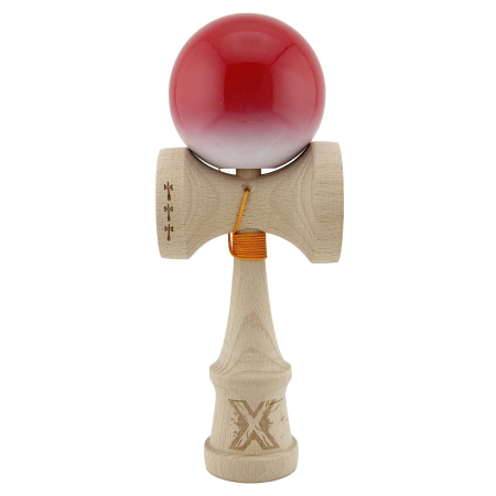 Kendama Super Sticky V2 Cupe Mari - Kendama X Originala, Profesionala, , Big Cups V2, Super Sticky cu Cupe Mari, din lemn 18 cm, Rulment Metalic cu Ata 55 cm, Gradient Rosu/Alb