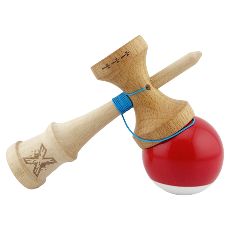 Kendama X Originala, Profesionala, , Big Cups V2, Super Sticky cu Cupe Mari, din lemn 18 cm, Rulment Metalic cu Ata 55 cm, Rosu/Alb [3]