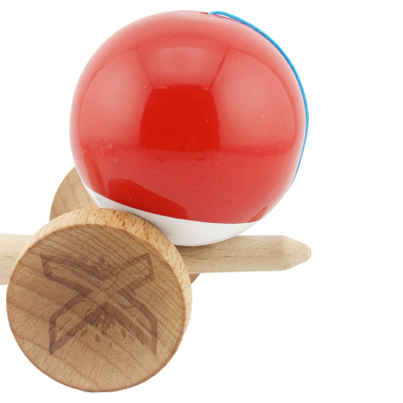 Kendama X Originala, Profesionala, , Big Cups V2, Super Sticky cu Cupe Mari, din lemn 18 cm, Rulment Metalic cu Ata 55 cm, Rosu/Alb [6]