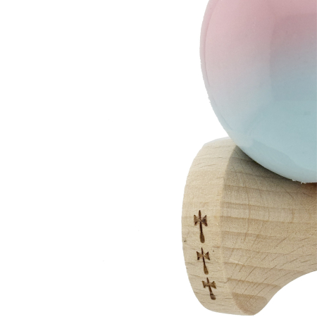 Kendama X Originala, Profesionala, , Big Cups V2, Super Sticky cu Cupe Mari, din lemn 18 cm, Rulment Metalic cu Ata 55 cm, Roz/Albastru deschis [5]
