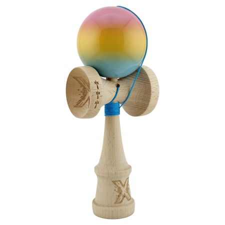 Kendama X Originala, Profesionala, , Big Cups V2, Super Sticky cu Cupe Mari, din lemn 18 cm, Rulment Metalic cu Ata 55 cm, Roz/Galben/Albastru [1]
