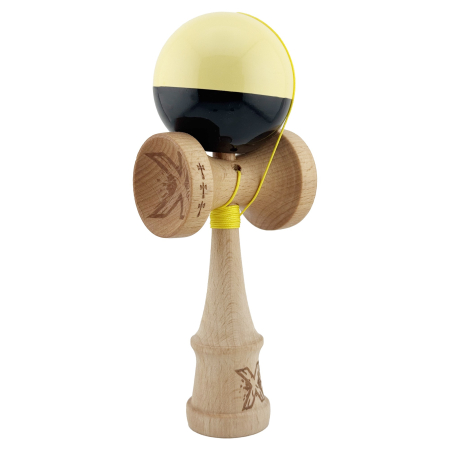 Kendama X Originala, Profesionala, , Big Cups V2, Super Sticky cu Cupe Mari, Rulment Metalic, din lemn 18 cm, Ata 55 cm, Galben/Negru [1]