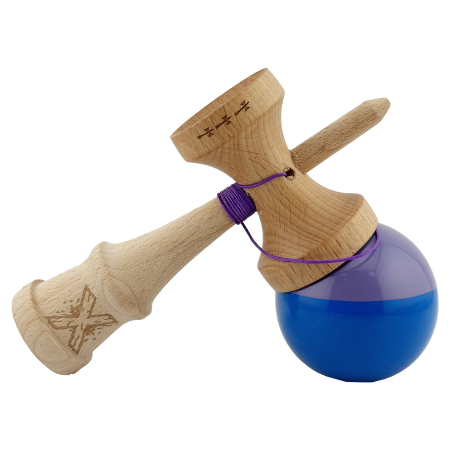 Kendama X Originala, Profesionala, , Big Cups V2, Super Sticky cu Cupe Mari, Rulment Metalic, din lemn 18 cm, Ata 55 cm, Mov/Albastru [3]