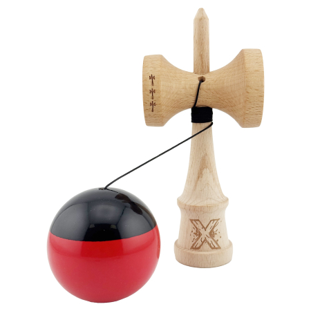 Kendama X Originala, Profesionala, , Big Cups V2, Super Sticky cu Cupe Mari, Rulment Metalic, din lemn 18 cm, Ata 55 cm, Negru/Rosu [2]