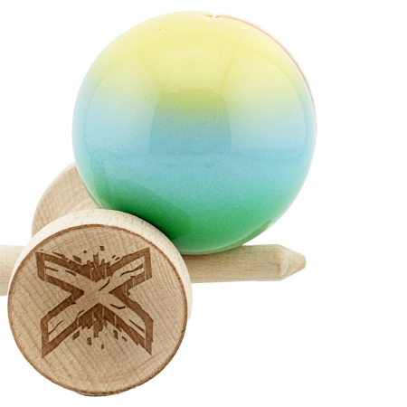 Kendama X Originala, Profesionala, , Big Cups V2, Super Sticky Cupe Mari, Rulment Metalic cu Ata 55 cm, Galben/Albastru deschis/Verde [6]