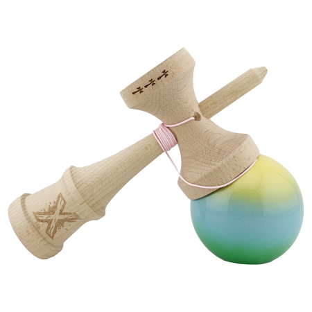 Kendama X Originala, Profesionala, , Big Cups V2, Super Sticky Cupe Mari, Rulment Metalic cu Ata 55 cm, Galben/Albastru deschis/Verde [3]
