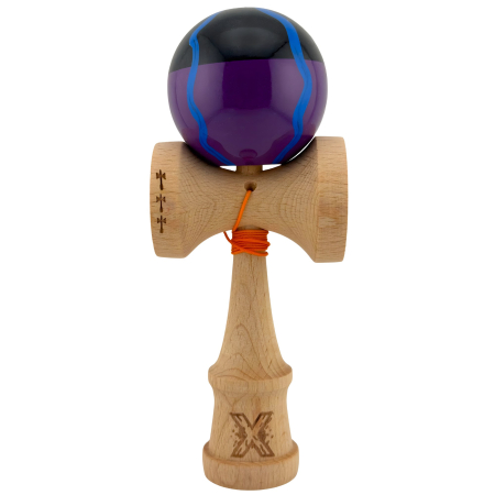 Kendama Super Sticky V2 Cupe Mari - Kendama X Originala, Profesionala, , Big Cups V2, Super Sticky Cupe Mari, Rulment Metalic cu Ata 55 cm, Negru Mov cu Linii