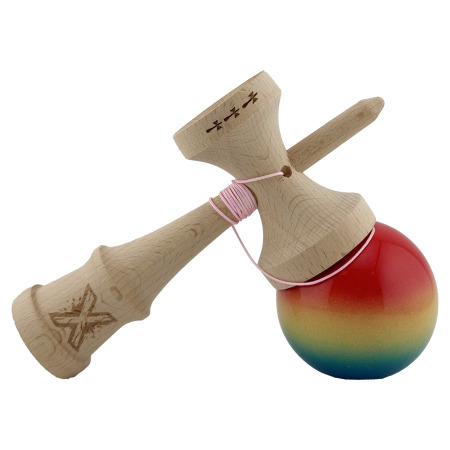 Kendama X Originala, Profesionala, , Big Cups V2, Super Sticky Cupe Mari, Rulment Metalic cu Ata 55 cm, Rosu/Galben/Albastru [3]