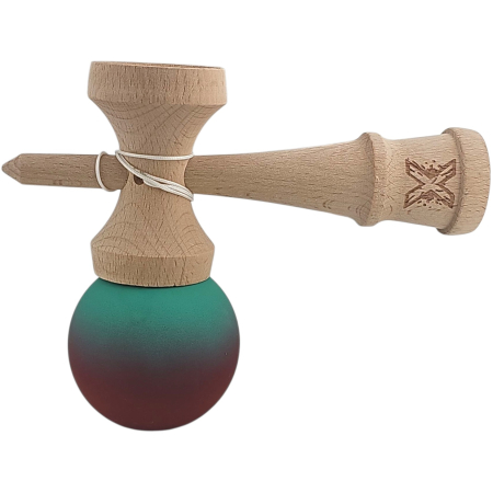 Kendama X Originala, Profesionala, , din Lemn, Rubber Grip, 18 cm, Rosu/Verde [1]