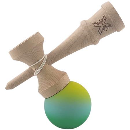Kendama X Originala, Profesionala, , Rubber Grip, din Lemn, 18 cm, Galben/Albastru/Verde [2]