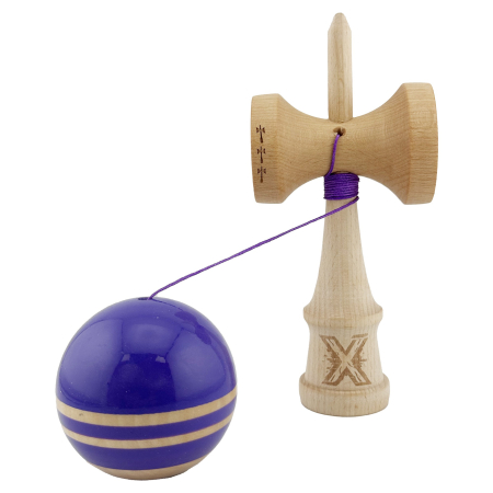 Kendama X Rainbow Originala, Profesionala, , Big Cups V2, Super Sticky cu Cupe Mari, Rulment Metalic, din lemn 18 cm, Ata 55 cm, Indigo/Maro [2]