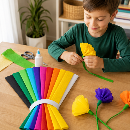 Copil realizand flori din hartie creponata colorata pentru proiect DIY