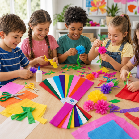 Copii la masa folosind hartie creponata colorata pentru craft si activitati de lucru manual