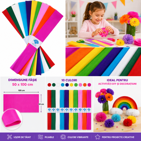 Caracteristici hartie creponata set 10 culori si dimensiune 50 x 100 cm