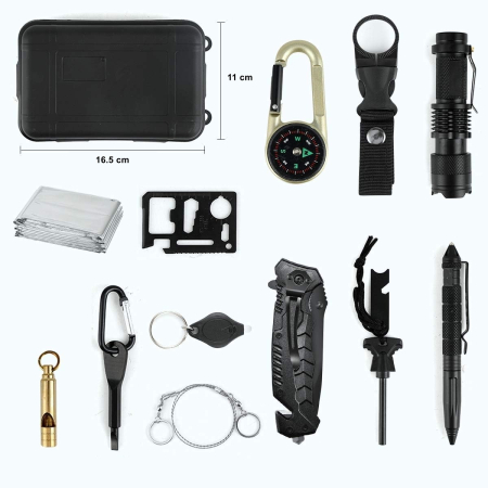 Kit supravietuire 19 in 1 , Cutit/Busola/Lanterna/Fluier/Chingi/Paracord, pentru Caping, Drumetii, Aventuri, Insturmente profesionale, Negru [5]