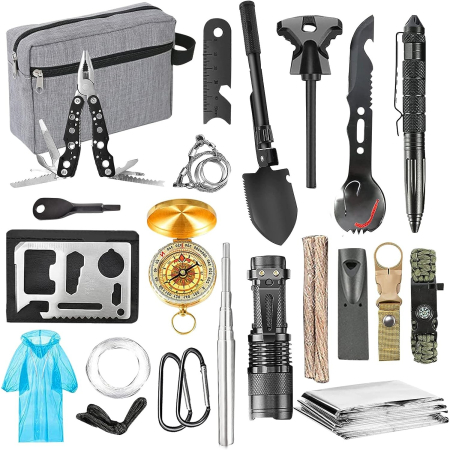 Corturi Evenimente si Articole Camping - Kit supravietuire multifunctional , Instrumente profesionale, Agatatoare ghiozdan, pentru Camping, Drumetii, Aventuri in aer liber, borseta inclusa, gri