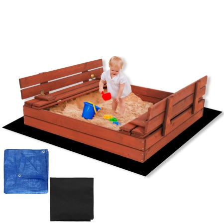 Lada nisip din lemn pliabila cu capac si bancute, 120x120x41 cm, maro [6]