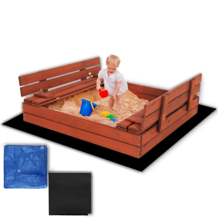 Lada nisip din lemn pliabila cu capac si bancute, 120x120x41 cm, maro [2]
