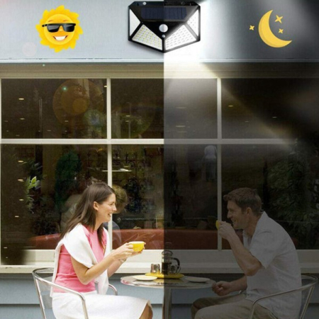 Lampa cu incarcare solara pentru exterior, 100 LED cu distanta de inductie, montaj pe perete, fara cabluri, cu 4 fete,  [5]