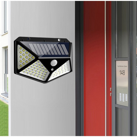 Lampa cu incarcare solara pentru exterior, 100 LED cu distanta de inductie, montaj pe perete, fara cabluri, cu 4 fete,  [4]