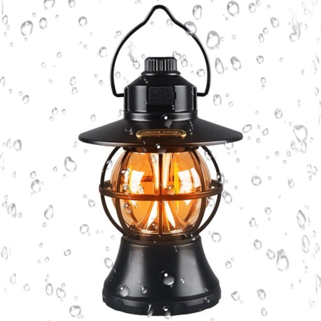 Lampă de camping retro portabilă, Felinar Vintage LED ABS, Acumulator inclus 1200 mAh, reincarcabila, 20 cm inaltime, 3 moduri de iluminare, intensitate reglabila,Lampa portabila pentru cort în aer liber, Negru [4]