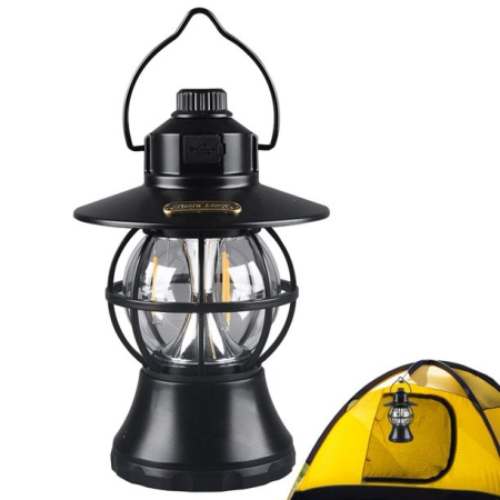 Lampă de camping retro portabilă, Felinar Vintage LED ABS, Acumulator inclus 1200 mAh, reincarcabila, 20 cm inaltime, 3 moduri de iluminare, intensitate reglabila,Lampa portabila pentru cort în aer liber, Negru [6]