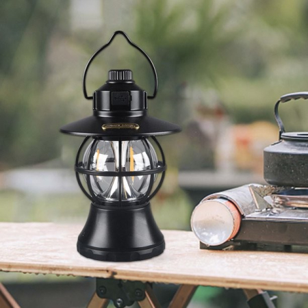 Lampă de camping retro portabilă, Felinar Vintage LED ABS, Acumulator inclus 1200 mAh, reincarcabila, 20 cm inaltime, 3 moduri de iluminare, intensitate reglabila,Lampa portabila pentru cort în aer liber, Negru [2]