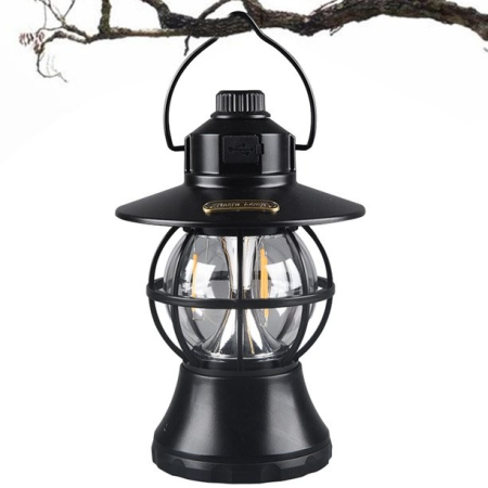 Lampă de camping retro portabilă, Felinar Vintage LED ABS, Acumulator inclus 1200 mAh, reincarcabila, 20 cm inaltime, 3 moduri de iluminare, intensitate reglabila,Lampa portabila pentru cort în aer liber, Negru [7]
