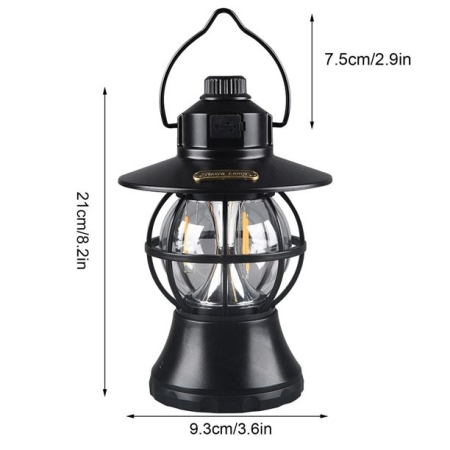 Lampă de camping retro portabilă, Felinar Vintage LED ABS, Acumulator inclus 1200 mAh, reincarcabila, 20 cm inaltime, 3 moduri de iluminare, intensitate reglabila,Lampa portabila pentru cort în aer liber, Negru [3]