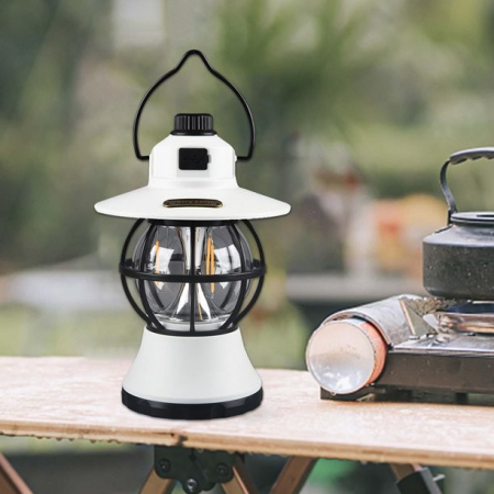 Lampă de camping retro portabilă, Felinar Vintage LED ABS, Acumulator inclus 1200 mAh, reincarcabila, 20 cm inaltime, 3 moduri de iluminare, intensitate reglabila,Lampa portabila pentru cort în aer liber, Alb [7]