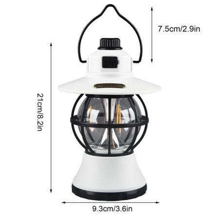 Lampă de camping retro portabilă, Felinar Vintage LED ABS, Acumulator inclus 1200 mAh, reincarcabila, 20 cm inaltime, 3 moduri de iluminare, intensitate reglabila,Lampa portabila pentru cort în aer liber, Alb [6]