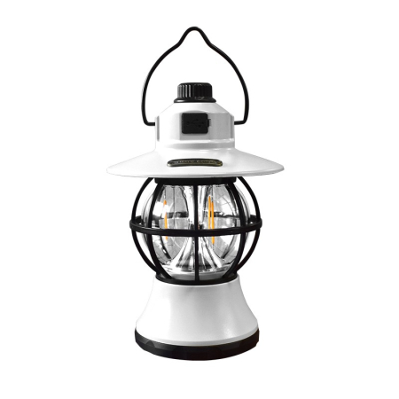 Lampă de camping retro portabilă, Felinar Vintage LED ABS, Acumulator inclus 1200 mAh, reincarcabila, 20 cm inaltime, 3 moduri de iluminare, intensitate reglabila,Lampa portabila pentru cort în aer liber, Alb [0]