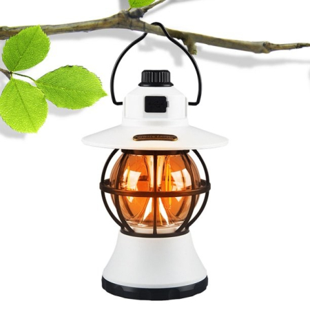 Lampă de camping retro portabilă, Felinar Vintage LED ABS, Acumulator inclus 1200 mAh, reincarcabila, 20 cm inaltime, 3 moduri de iluminare, intensitate reglabila,Lampa portabila pentru cort în aer liber, Alb [4]