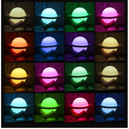 Lampa de veghe cu telecomanda in forma de Saturn 3D Saturn Light 16 culori, alimentare baterii, stand lemn inclus, 15 cm,  [1]