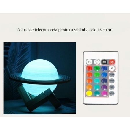 Lampa de veghe cu telecomanda in forma de Saturn 3D Saturn Light 16 culori, alimentare baterii, stand lemn inclus, 15 cm,  [8]