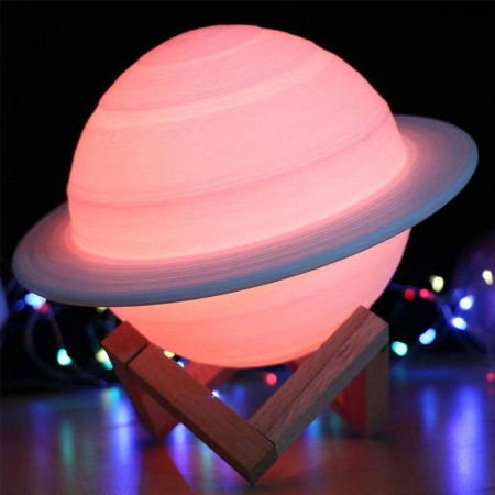 Lampa de veghe cu telecomanda in forma de Saturn 3D Saturn Light 16 culori, alimentare baterii, stand lemn inclus, 15 cm,  [5]