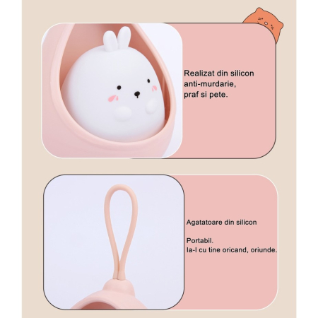 Lampa de veghe portabila cu 2 moduri de functionare , silicon non-toxic, reincarcabila USB, senzor miscare, alb, iepuras [15]