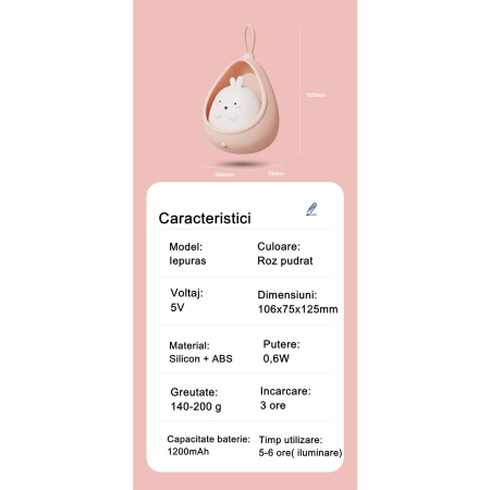 Lampa de veghe portabila cu 2 moduri de functionare , silicon non-toxic, reincarcabila USB, senzor miscare, roz, iepuras [9]
