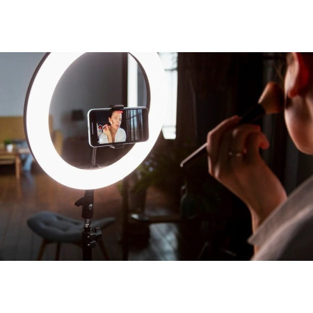 Lampa LED Circulara cu Trepied Metalic Extensibil, , Rotativa 360 de Grade, Lungime Extensie 210 cm, Diametru Lampa 26 cm, Conectare USB, Telecomanda, 3 Trepte de Lumina, Negru [1]