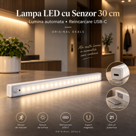 Climatizare & Iluminare LED - Lampa LED ORIGINAL DEALS 30 cm, 21 LED, senzor miscare si lumina, USB-C, magnetica, alba