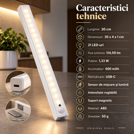 Lampa LED ORIGINAL DEALS 30 cm, 21 LED, senzor miscare si lumina, USB-C, magnetica, alba [8]