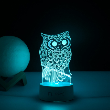 Lampa LED decorativa, , 3D, Bufnita, cu USB si baterii, 20 cm inaltime, din material acril, lumina multicolora si telecomanda inclusa, alb [2]