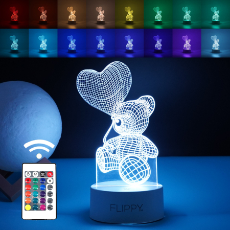 ✨TOATE PRODUSELE✨ - Lampa LED decorativa, , 3D, Ursulet cu balon inima, cu telecomanda, doua moduri de alimentare USB si baterii, 20 cm inaltime, din material acril si lumina multicolora, alb