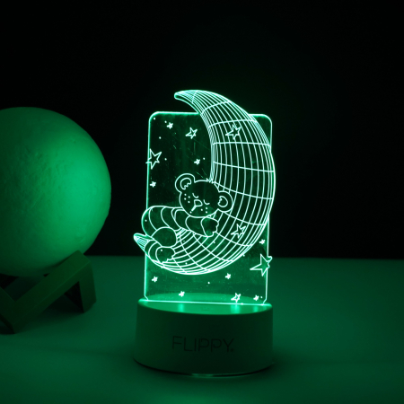 Lampa LED decorativa, , 3D, Ursulet si Semiluna, cu telecomanda, doua moduri de alimentare USB si baterii, 20 cm inaltime, din material acril si lumina multicolora, alb [2]
