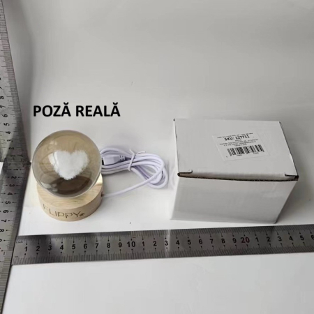 Lampa LED Decorativa, , Bila de Cristal cu Diametru 6cm, Model Inima 3D, Alimentare USB, Suport din Lemn, Lumina Alb Cald [1]