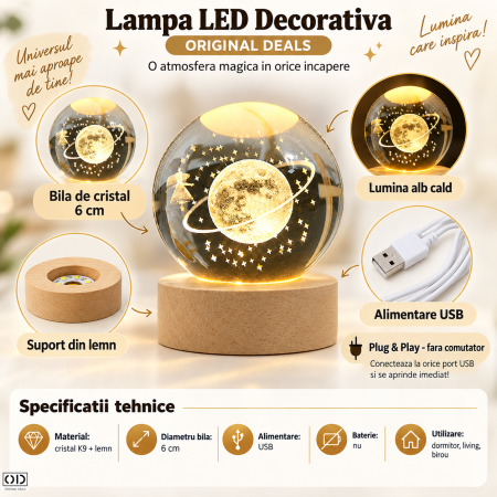 Climatizare & Iluminare LED - Lampa LED Decorativa cu Bila din Cristal K9, Cer Instelat 3D, 6 cm, USB, Alb Cald | ORIGINAL DEALS