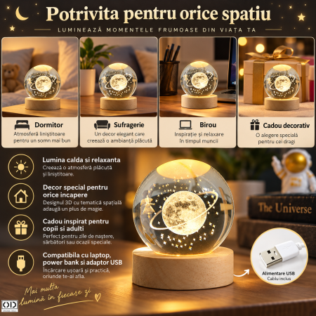 Lampa de masa cu bila din cristal si baza din lemn, alimentare USB